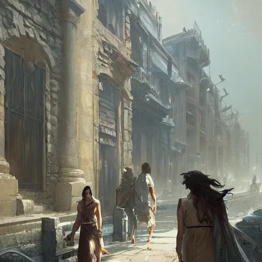 Prompt: walking along the street in ancient atlantis, by greg rutkowski