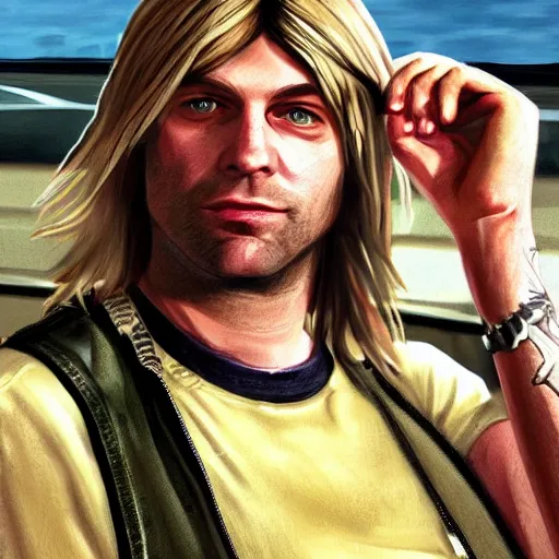 Image similar to Kurt Cobain as a gta5 character, video game art, cover art, grand theft auto