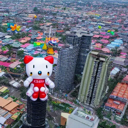 Image similar to Lucifer looking down on the Surabaya city from above when giant hello kitty battle mechas attacking