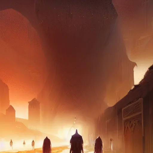 Image similar to Hyperdetailed masterpiece concept art of bedouin walking towards mosque, surrounded by nebula hyperdetailed concept art by Greg Rutkowski and Ross Tran, high quality DnD illustration, trending on ArtStation, all rights reserved Wizards of the Coast