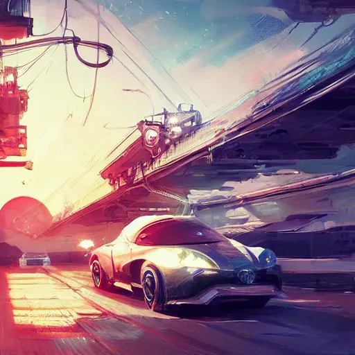 Image similar to solarpunk car, highway, sunny day, futurism, intricate, highly detailed, digital painting, artstation, concept art, smooth, sharp focus, epic landscape, art by akihiko yoshida and tim mcburnie and anato finnstark