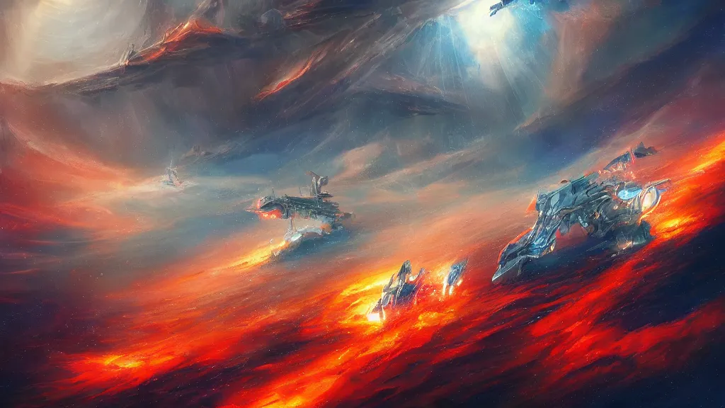 Prompt: A silver spacecraft meet gods of Egypt in giant mode in the tornado over the roaring scarlet red ocean draw by Art station artist Anato Finnstark, blue and orange lighting, foggy atmosphere , Bottom view