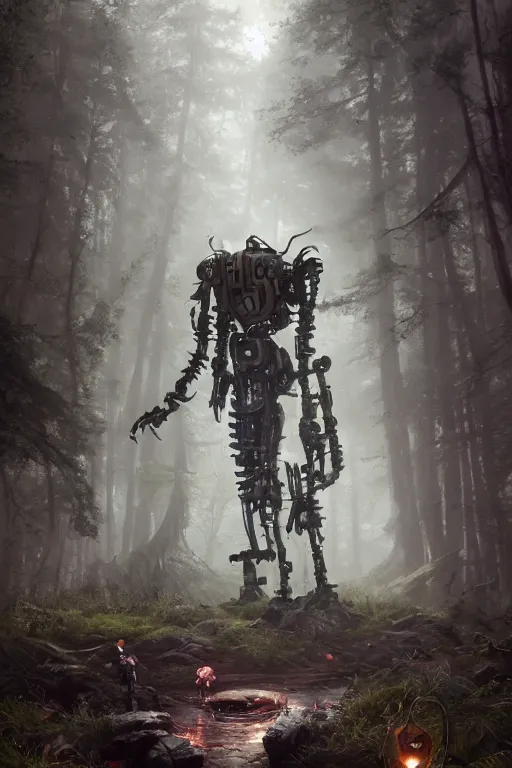 Image similar to A small character standing before a giant mechanical robpt in the forest by Greg Rutkowski, Sung Choi, Mitchell Mohrhauser, Maciej Kuciara, Johnson Ting, Maxim Verehin, Peter Konig, final fantasy , 8k photorealistic, cinematic lighting, HD, high details, atmospheric,