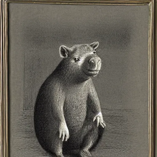 Prompt: capybara in a tuxedo, dark, high detail, dramatic light, drawing gustave dore