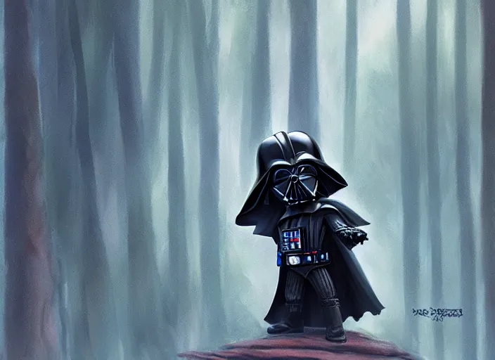 Prompt: a cartoonish cute anthropomorphic Darth Vader is in a mystical forest full of wonders, pine trees, magical atmosphere, trending on artstation, 30mm, by Noah Bradley trending on ArtStation, deviantart, high detail, stylized portrait H 704