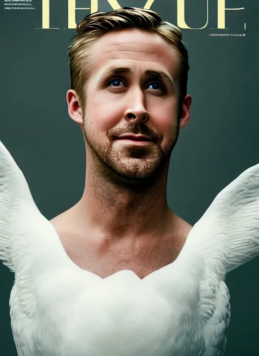 Image similar to ryan gosling fused with a white goose, natural light, bloom, detailed face, magazine, press, photo, steve mccurry, david lazar, canon, nikon, focus