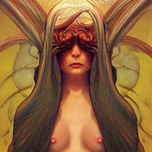 Prompt: portrait of small, rubbery, huge-eyed, big-lipped albino mutant priestess with elaborate white hair; Dune concept art by Anato Finnstark, Alphonse Mucha, Beksinski, and Studio Ghibli