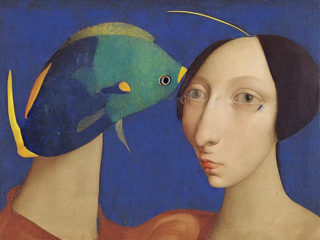 Prompt: portrait of a woman head with close up exotic blue - faced angelfish fish. lapis lazuli, malachite, cinnabar, gold. painting by piero della francesca, balthus, agnes pelton