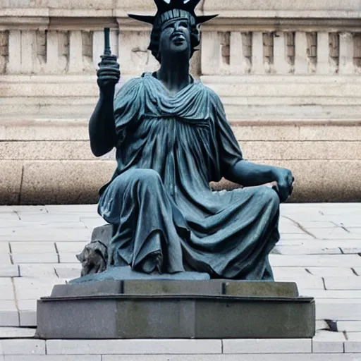 Image similar to liberty statue sitdown pose, very convincing