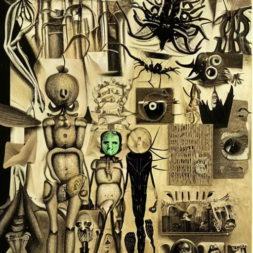 Image similar to a dadaist surrealist discordian subgenius collage of arachnophobia by max ernst, james gleeson, man ray, kurt schwitters, monochromatic source imagery, creepy, stygian, abyssal