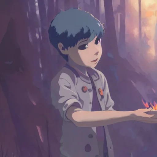 Image similar to a child with grey skin with blues and short brown hair, holding fire in hands, forest background, highly detailed, digital painting, artstation, matte, by makoto shinkai, animation style, studio ghibli, anime key visual