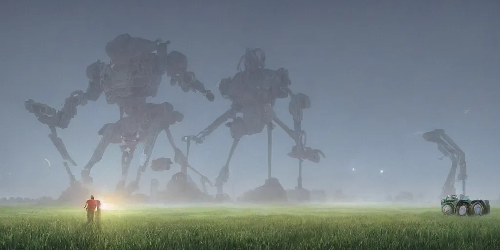 Image similar to giant mech stands over hay field by simon stalenhag, atmospheric haze, children in white jackets below look up, misty blue hour, sci fi digital painting, unreal engine 5, photorealism, hd quality, 8 k resolution, cinema 4 d, 3 d, cinematic, professional photography, art by artgerm and greg rutkowski and alphonse mucha and loish and wlop