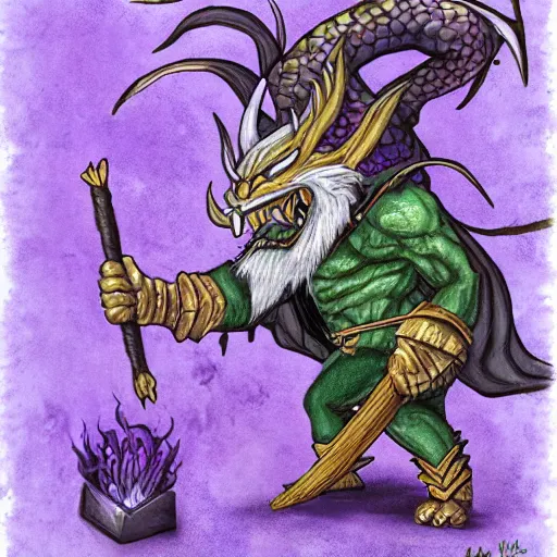 Prompt: purple dragon tames a gnome, fantasy illustration