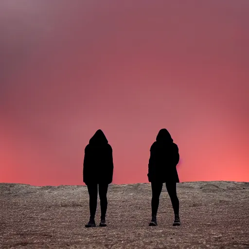 Image similar to photograph of 2 women wearing black techwear in front of a brutalist sharp - edged metal building, on a desolate plain, red eerie sky, sigma 8 5 mm f / 1. 4, 4 k, depth of field, high resolution, 4 k, 8 k, hd, full color