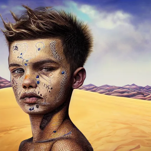 Image similar to a detailed portrait of a boy with a face tattoo in the desert, fantasy art illustration, incredibly highly detailed and realistic, 8 k, sharp focus