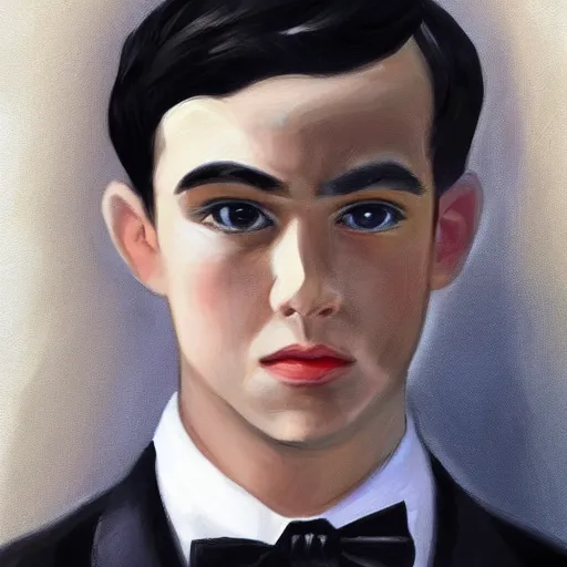 Image similar to 1 6 year old black suit white shirt, black bowtie, black haired royal garment man, determined, fearless, sharp looking portrait, oil painting