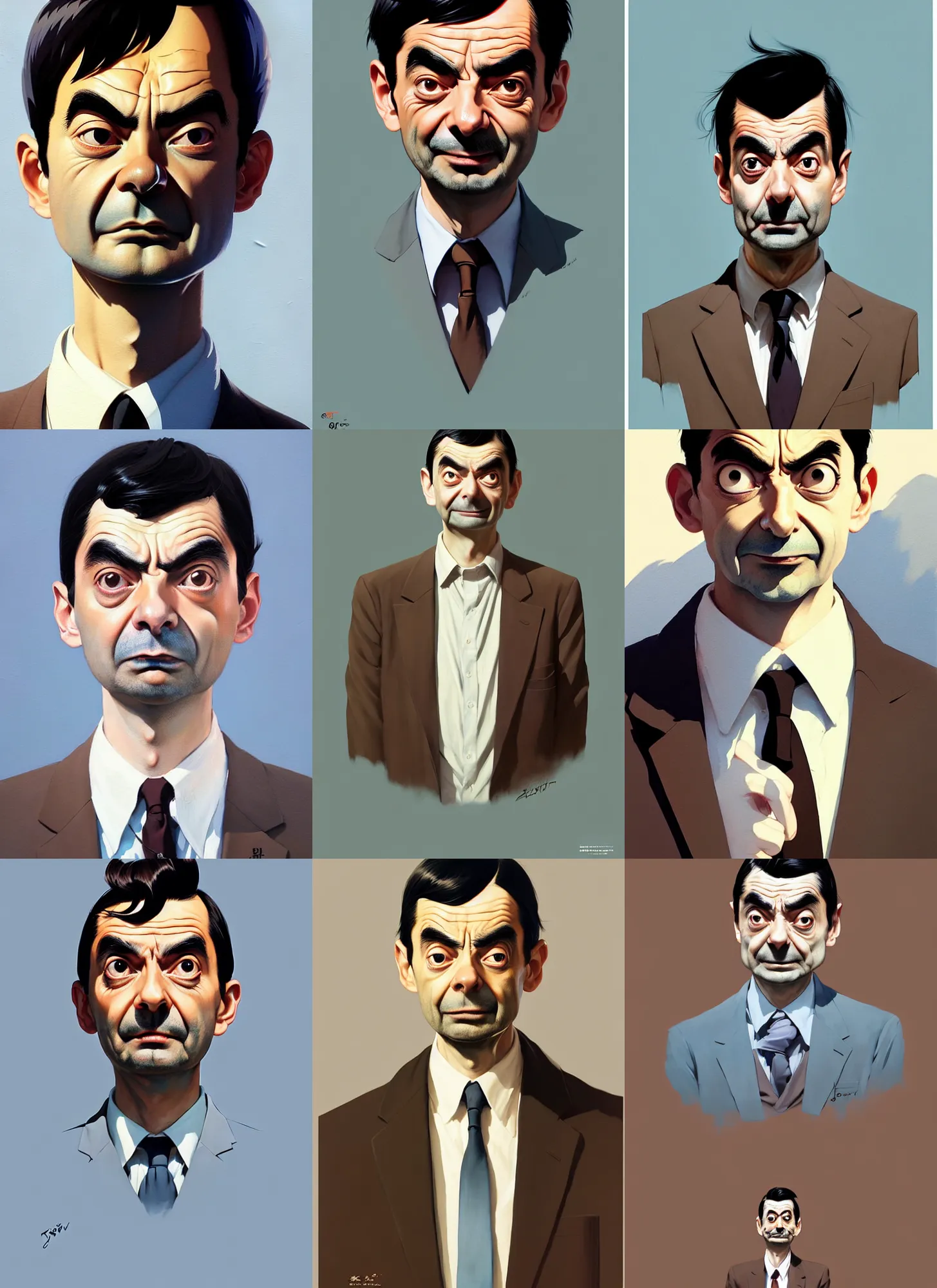 Prompt: portrait of a mr. bean, in style of pan ren wei, by greg rutkowski, by ilya kuvshinov, by greg tocchini, by james gilleard, by joe fenton, by kaethe butcher, by rick wade art, dynamic lighting, gradient light blue, brown, blonde cream and white color scheme, anime aesthetic