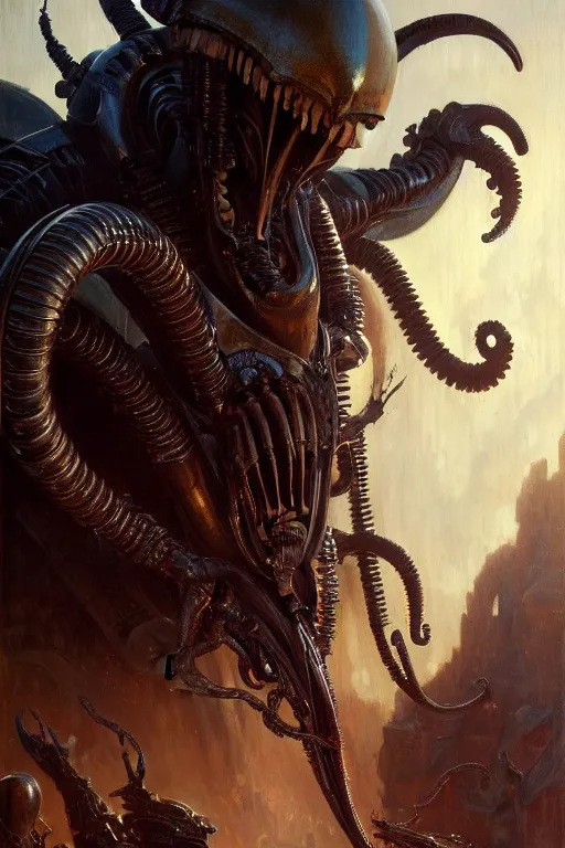 Image similar to a portrait of xenomorph king with glow eyes, high detail, realistic by gaston bussiere, bayard wu, greg rutkowski, giger, maxim verehin, greg rutkowski, masterpiece, sharp focus, cinematic lightning