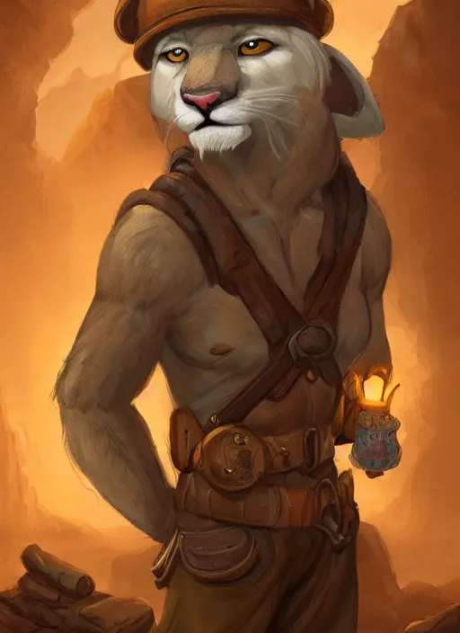 Image similar to fursona commission of a anthro albino mountain lion wearing old-timey miner's clothes. pretty, beautiful, DnD character art portrait, matte fantasy painting. Desert mining town. DeviantArt Artstation, by Jason Felix by Steve Argyle by Tyler Jacobson by Peter Mohrbacher, cinematic lighting