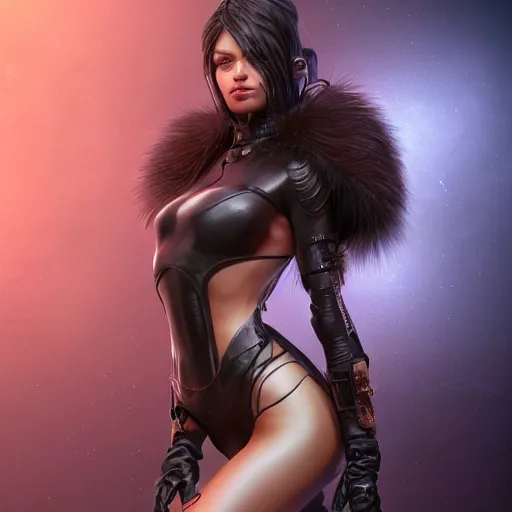 Image similar to epic fantasy render of a beautiful woman body, dark hairs, fur, cyber city background, highly detailed, digital painting, cinematic, hyperrealism, rpg portrait, dynamic lighting, artstation, octane render, cgsociety