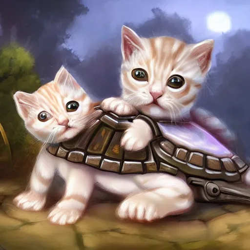 Image similar to white soldier kittens riding turtles, battalion, digital oil painting, trending on artstation