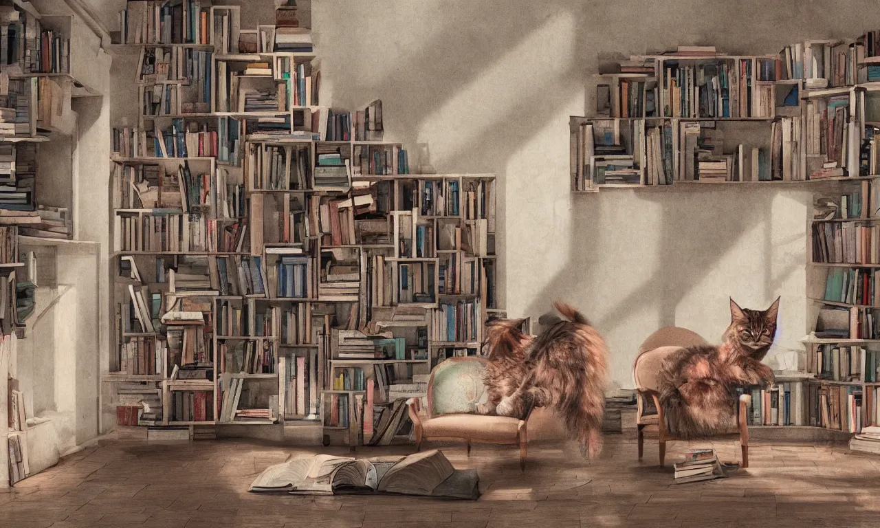 Prompt: bookshelf, maine coon cats, brick streets, ancient manuscripts, a reader in a chair, nordic pastel colors, 3 d art, digital illustration, perfect lighting