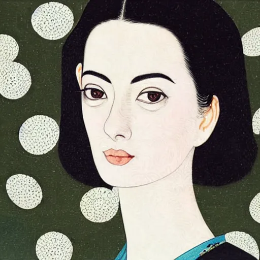 Prompt: “ ann hathaway portrait by ikenaga yasunari and ayana otake and ko rakusui, 6 0 s poster, drawing, realistic, sharp focus, japanese, dreamy, nostalgia, faded, golden hues, floral clothes, porcelain skin ”