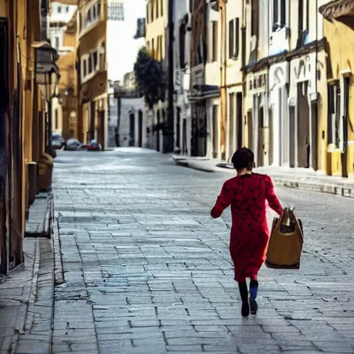 Image similar to a mother coming back from shop a huge bag of gold she is walking home in a street the street is empty and it's sunny