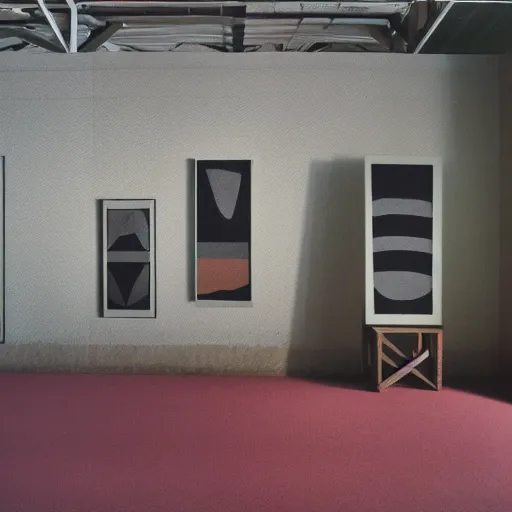 Prompt: a photographic three color screen print of an exhibition room with an arrangement of elements, anthropological conceptual object, tribalism, animism, grain, shades, no repetition, no repetition, no repetition, no repetition