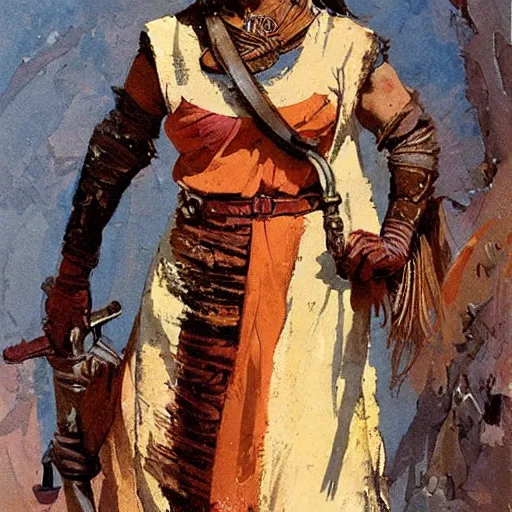 Image similar to a medieval hunter woman from india, cheeky smile, umber color scheme, fantasy character portrait by John Berkey