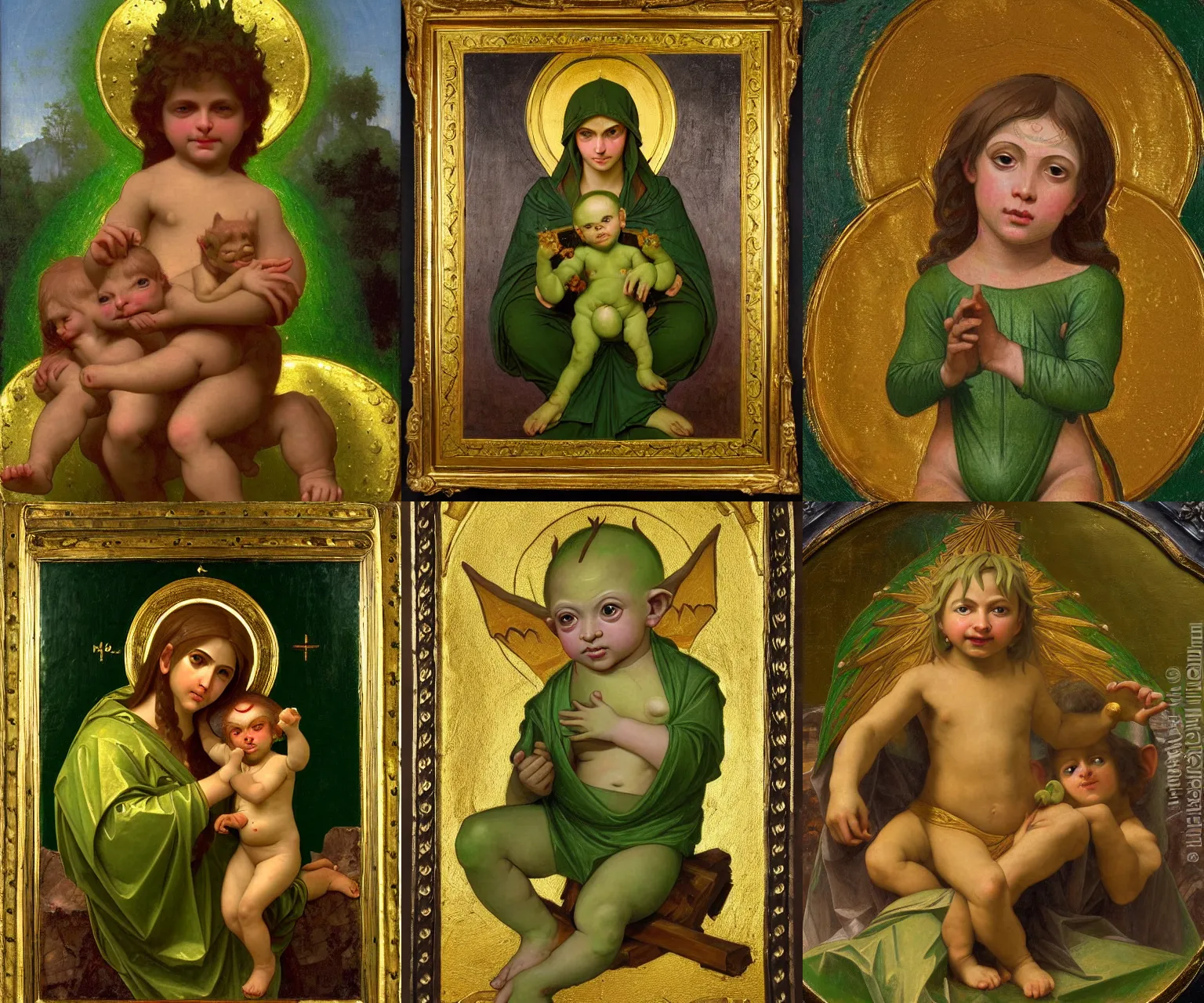 Prompt: A gilded religious painting in the style of a byzantine icon of world of warcraft goblin as a green holy baby resting on a pile of gold, by William-Adolphe Bouguereau, neo-classicism, detailled, tempura on panel