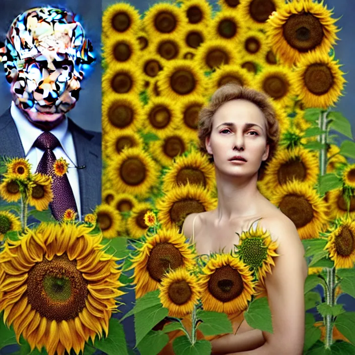 Prompt: photo portrait of Putin - sunflowers - dressed in leisure shirt with ornamental ethereal sunflower pattern, natural skin tone, raging war and explosions in the background, face is highly detailed, elegant, Realistic, Refined, Highly Detailed, natural soft pastel lighting colors scheme, fine art photography by Cecil Beaton, volumetric lighting, hyper realistic photography