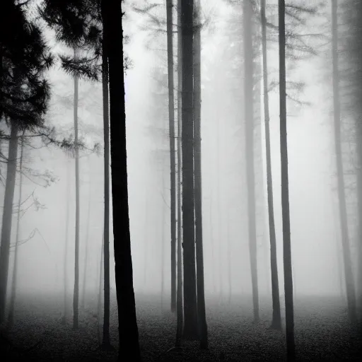 Image similar to giant black fluffy demon in the centre of misty forest, monochrome lomography