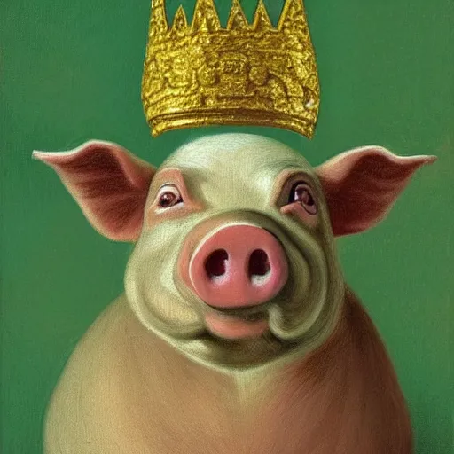 Prompt: a painting of pig wearing a gold crown, by Grant Wood