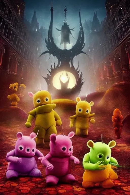 Prompt: “ teletubbies on the cover of bloodborne ”