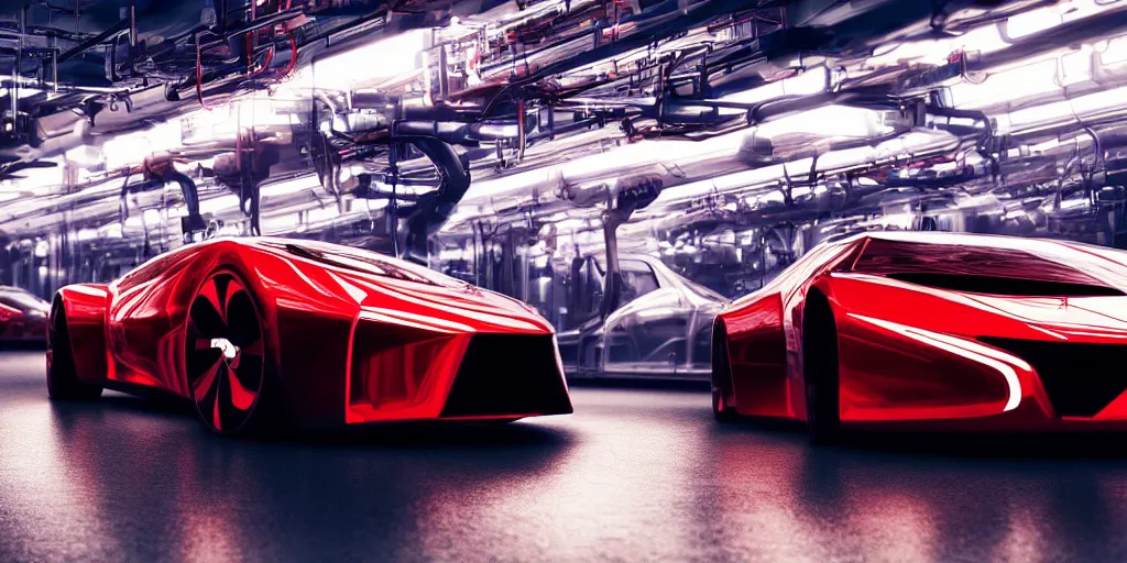 Prompt: kama russian electrocar, inside futuristic car plant, red car, sharp focus, ultra realistic, ultra high pixel detail, cinematic, intricate, cinematic light, unreal engine 8 k, 8 k, epic, intricate, volumetric lighting, dramatic vivid and vibrant colors, trending on artstation, behance