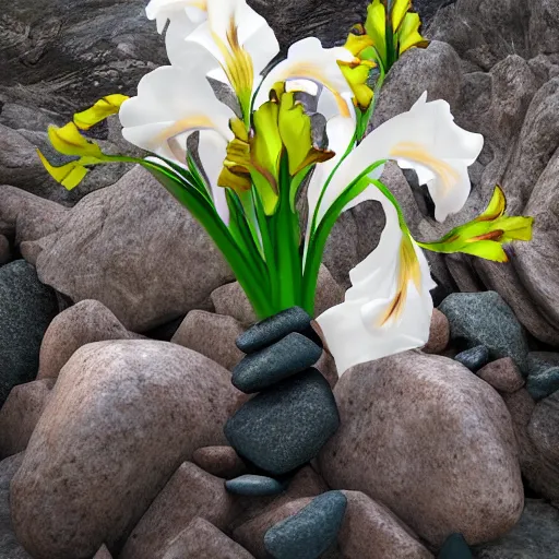 Image similar to gladiolus flowers made from rocks and gemstones, unreal engine