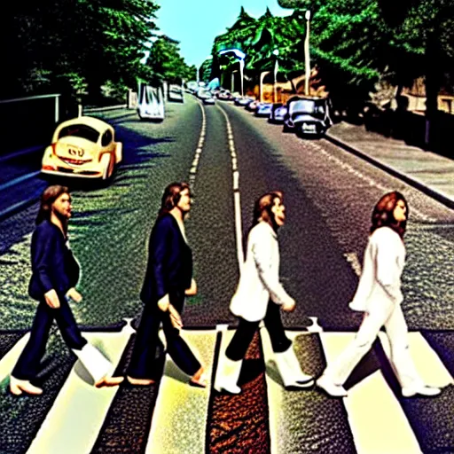 Prompt: an 2010s recreation of the cover of the famous Abbey Road album by the Beatles, hyper detailed