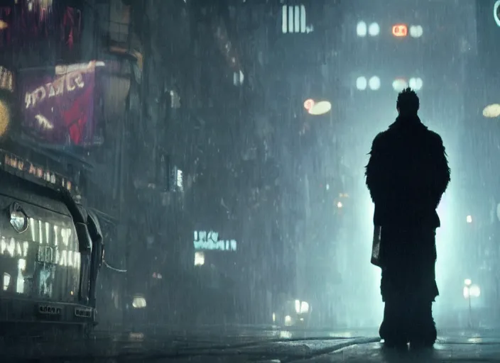 Image similar to film still shrek wearing leather coat as a detective in blade runner, 8 k