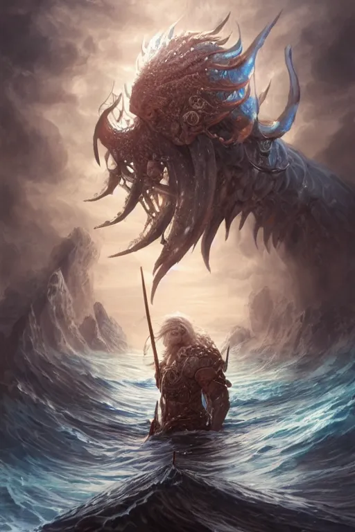 Image similar to humanoid god of the sea, highly detailed, d & d, fantasy, highly detailed, digital painting, trending on artstation, concept art, sharp focus, illustration, art by artgerm and greg rutkowski and magali villeneuve