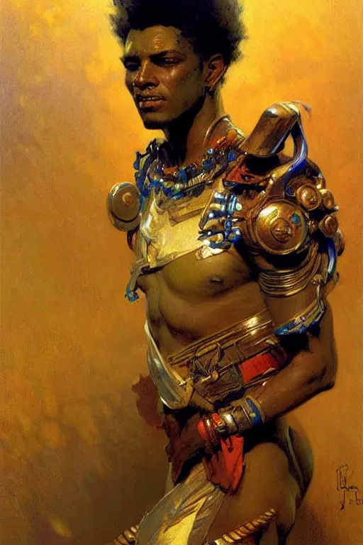 Prompt: attractive male, character design, colorful, afrofuturism, painting by gaston bussiere, craig mullins, j. c. leyendecker