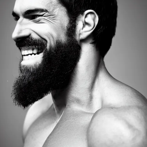 Image similar to lack and white photography of a very muscular man smiling with a chiseled jawline and trimmed beard