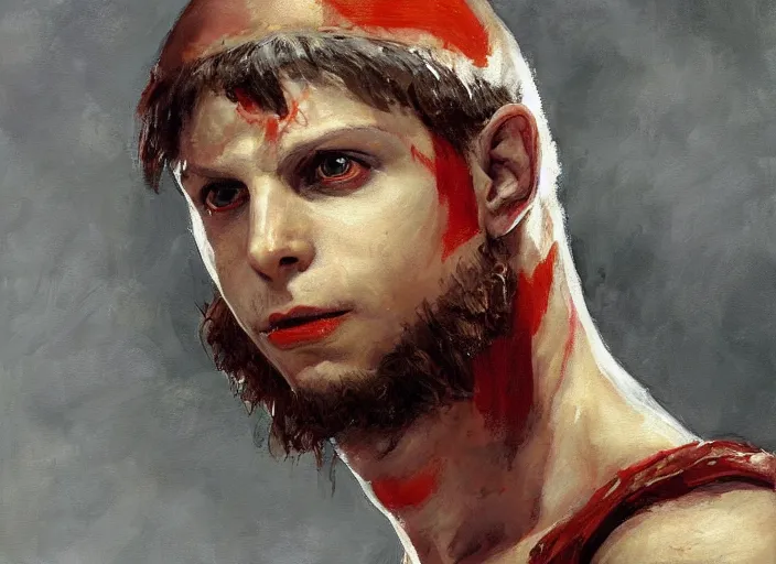 Prompt: a highly detailed beautiful portrait of michael cera as kratos, by gregory manchess, james gurney, james jean