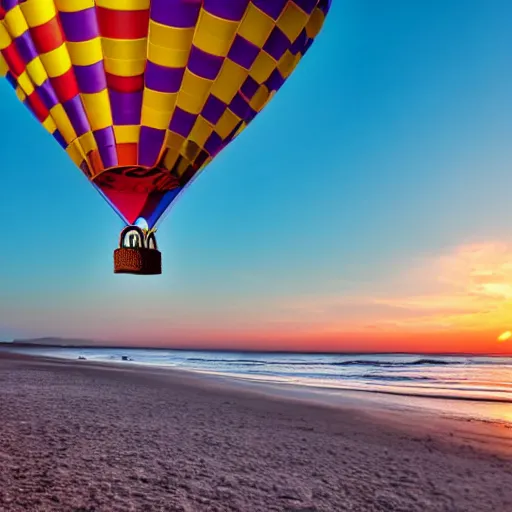 Image similar to a hot air balloon floats over a beach at violet sunset, whimsical and flat art style