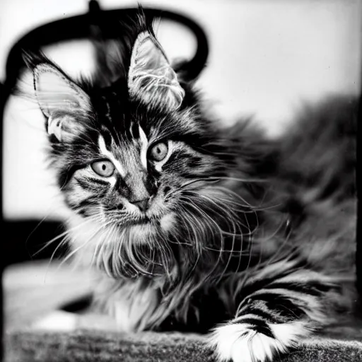 Image similar to close up of a maine coon kitten wearing soldier helmet in the battle, ww 2 historical photography, black & white