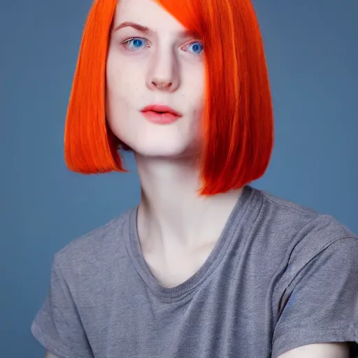 Prompt: close up of face of good looking 1 9 year old pale woman with blue eyes, no makeup, freckles, strong jawline, skinny, short straight orange hair in a bob style, red t shirt, color portrait, flash photography 4 k