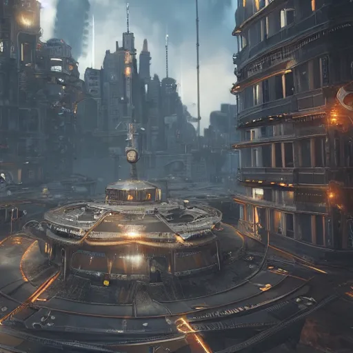 Image similar to A futuristic steampunk city during war, unreal engine, 8k render, octane render