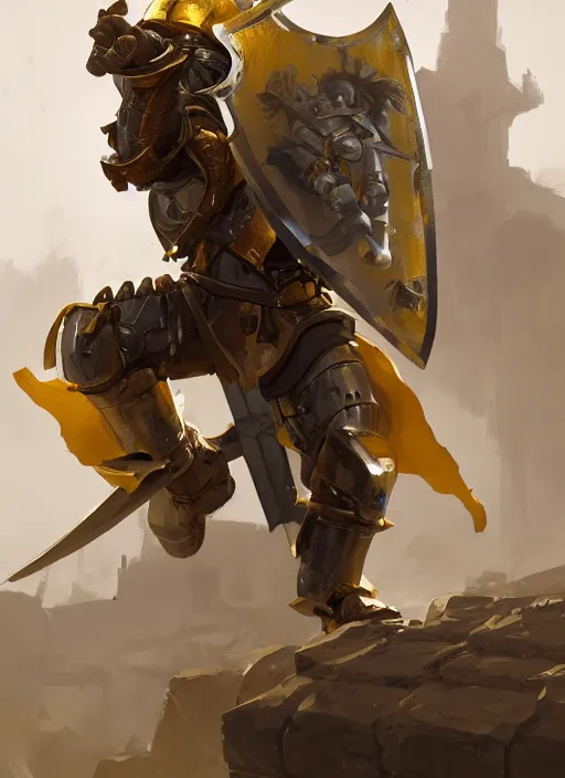 Image similar to dynamic portrait of a warforged character in yellow armor holding a paladin engraved longsword and carrying a big shield, epic , trending on ArtStation, cinematic lighting, by Greg Rutkowski and Jesper Ejsing