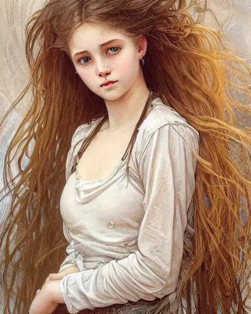 Image similar to portrait of 1 6 - year - old woman with dirty blonde hair down to her waist, pale eyebrows and protuberant silver eyes, wearing white shirt, hyper realistic face, beautiful eyes, fantasy art, in the style of greg rutkowski, intricate, alphonse mucha, hyper detailed, smooth