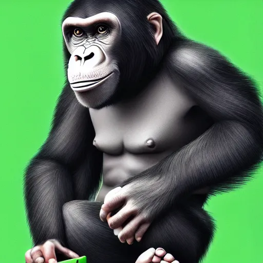 Image similar to Smug ape holding a handful of green 2d rectangles, studio portrait, high detail, artstation, digital painting, 8k, concept art